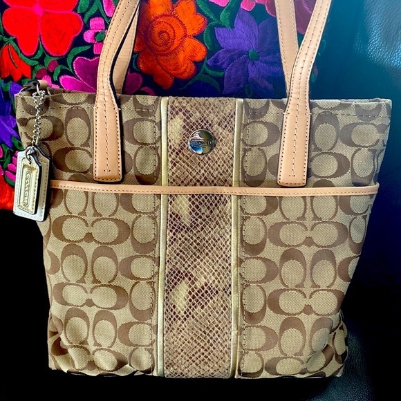 Coach Handbags - COACH Signature Canvas with Snakeskin Tote Bag